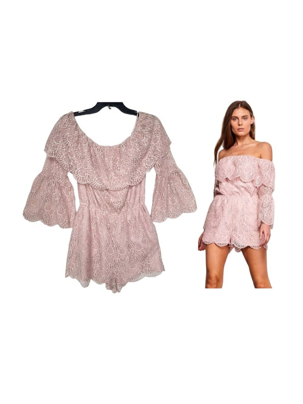 BB Dakota Kennedy Sz M Women's Pink Lace Romper jumpsuit long sleeve dusty pink - Picture 1 of 7